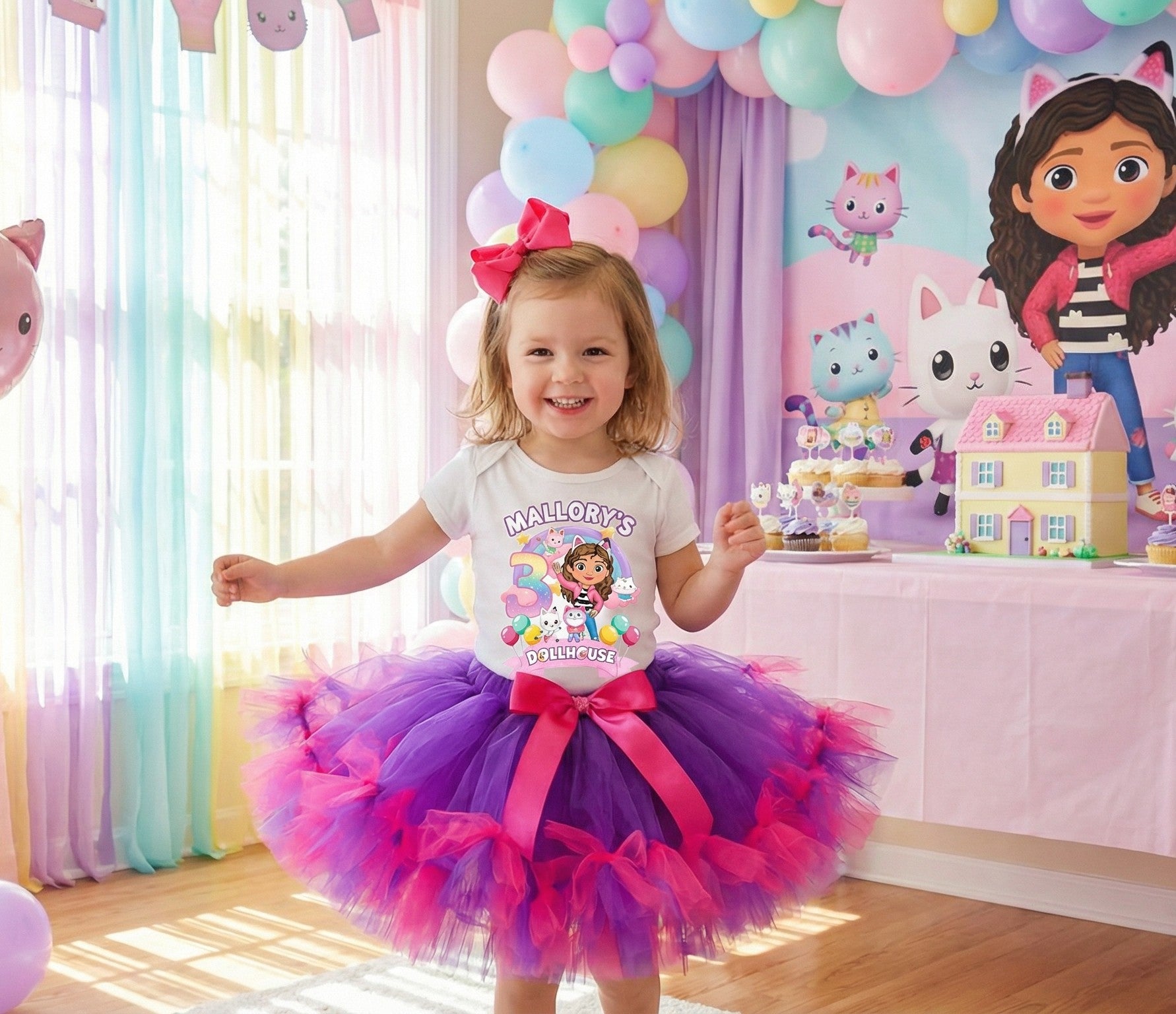 Gabby's Dollhouse Tutu Set Girls Personalized Custom Purple Hot Pink Knots Tutu Outfit Dress Theme Cake Smash Birthday Party