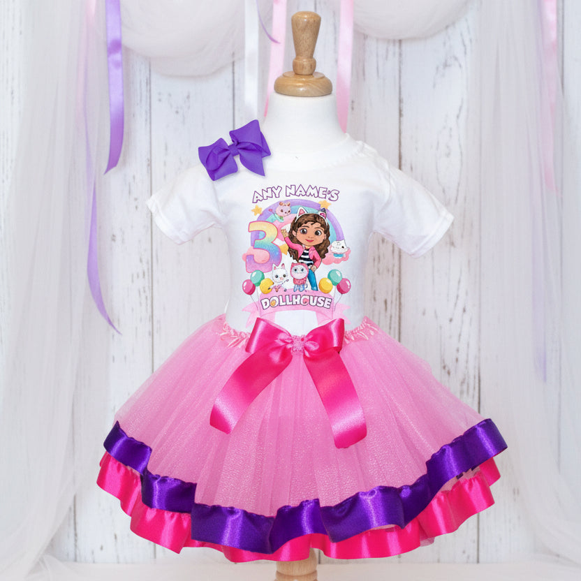 Gabby's Dollhouse Tutu Set Girls Personalized Custom Pink Purple Hot Pink Ribbon Trim Tutu Outfit Dress Theme Cake Smash Birthday Party