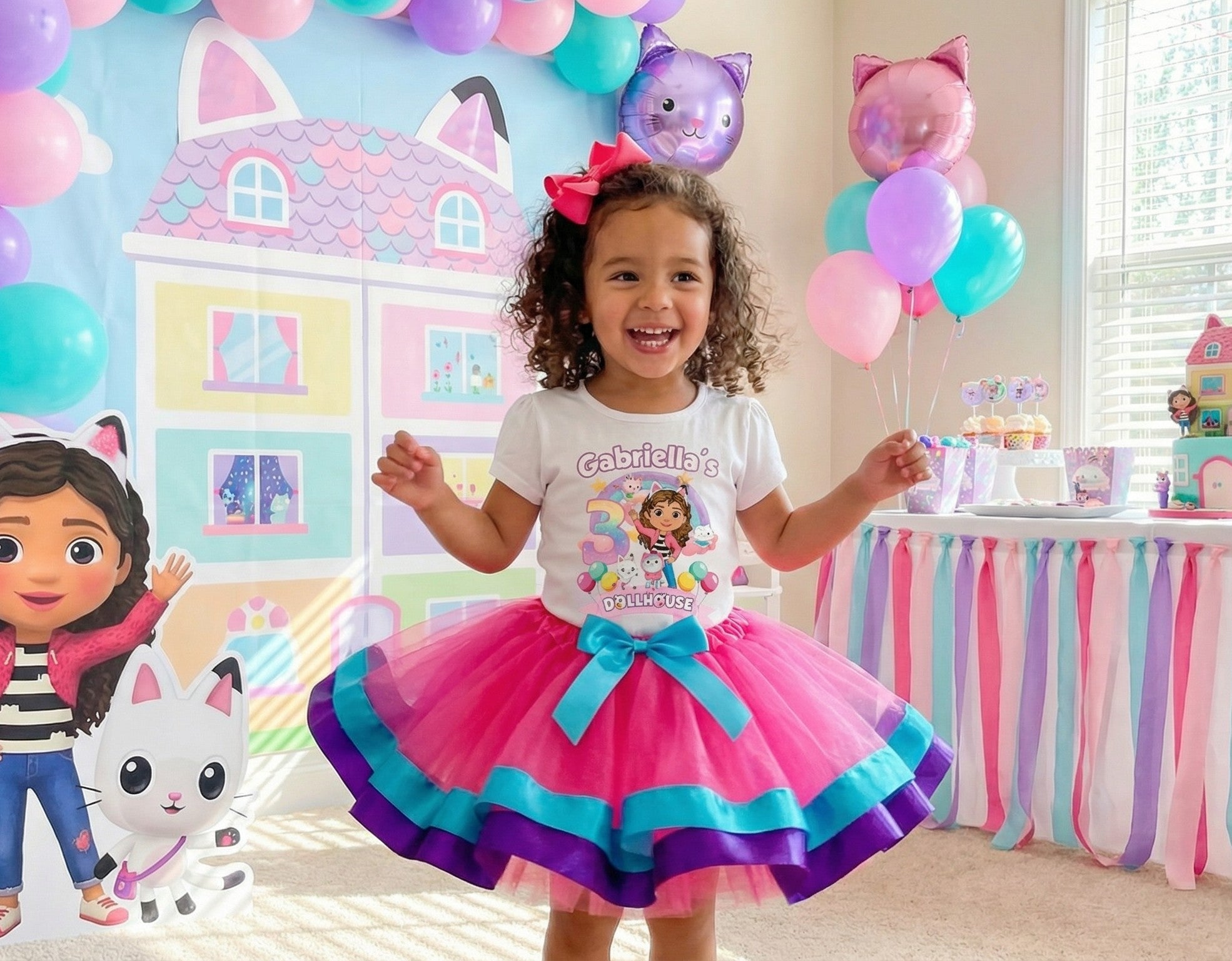 Gabby's Dollhouse Tutu Set Girls Personalized Custom Hot Pink Blue Purple Ribbon Trim Tutu Outfit Dress Theme Cake Smash Birthday Party