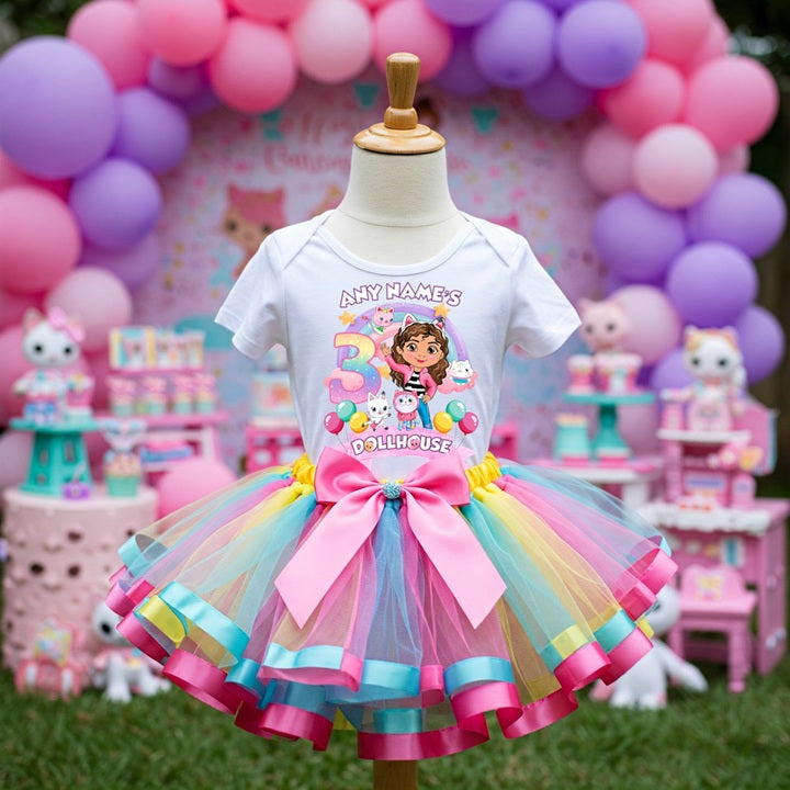 Gabby's Dollhouse Tutu Set Girls Personalized Custom Pink Blue Yellow Ribbon Sewn Trim Tutu Outfit Dress Theme Cake Smash Birthday Party