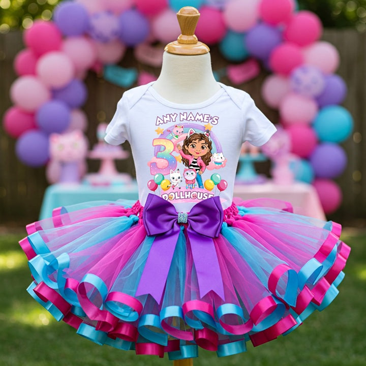 Gabby's Dollhouse Tutu Set Girls Personalized Custom Pink Blue Purple Ribbon Sewn Trim Tutu Outfit Dress Theme Cake Smash Birthday Party