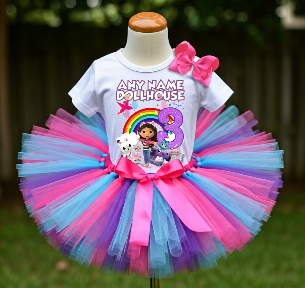 Gabby's Dollhouse Kitties Tutu Set Girls Personalized Custom Hot Pink Blue Purple Tutu Outfit Dress Theme Cake Smash Birthday Party