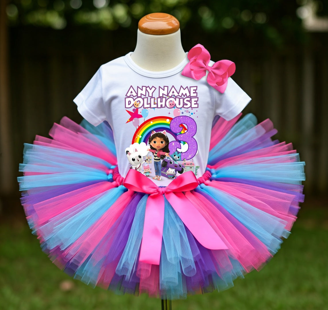 Gabby's Dollhouse Kitties Tutu Set Girls Personalized Custom Hot Pink Blue Purple Tutu Outfit Dress Theme Cake Smash Birthday Party