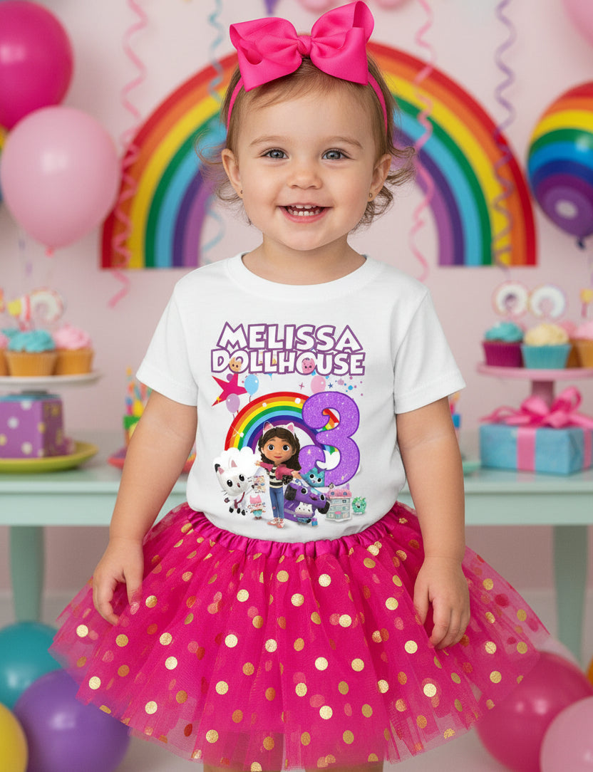 Gabby's Dollhouse Kitties Tutu Set Girls Personalized Custom Hot Pink Gold Polka Dots Tutu Outfit Dress Theme Cake Smash Birthday Party