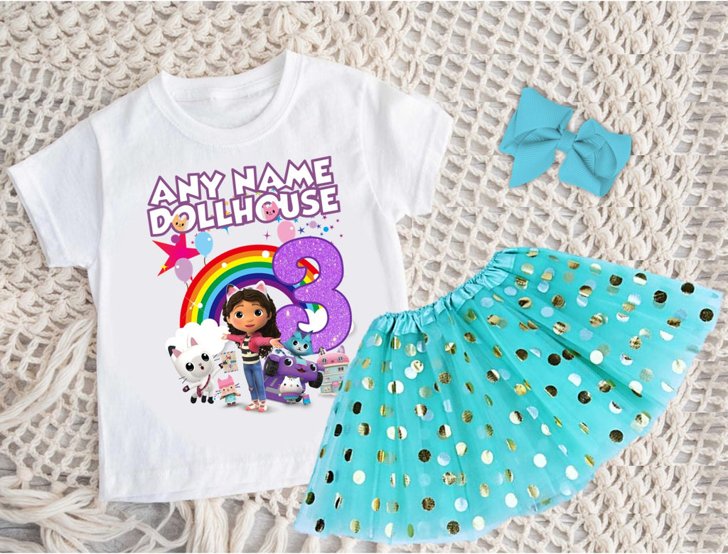 Gabby's Dollhouse Kitties Tutu Set Girls Personalized Custom Aqua Blue Gold Polka Dots Tutu Outfit Dress Theme Cake Smash Birthday Party