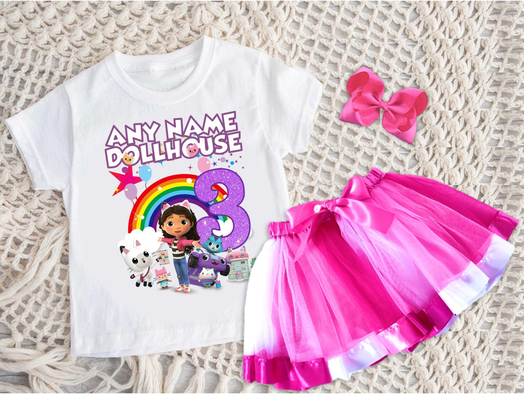 Gabby's Dollhouse Kitties Tutu Set Girls Personalized Custom Hot Pink White Pink Ribbon Tutu Outfit Dress Theme Cake Smash Birthday Party