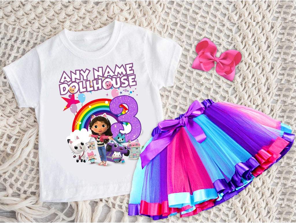 Gabby's Dollhouse Kitties Tutu Set Girls Personalized Custom Hot Pink Blue Purple Ribbon Tutu Outfit Dress Theme Cake Smash Birthday Party