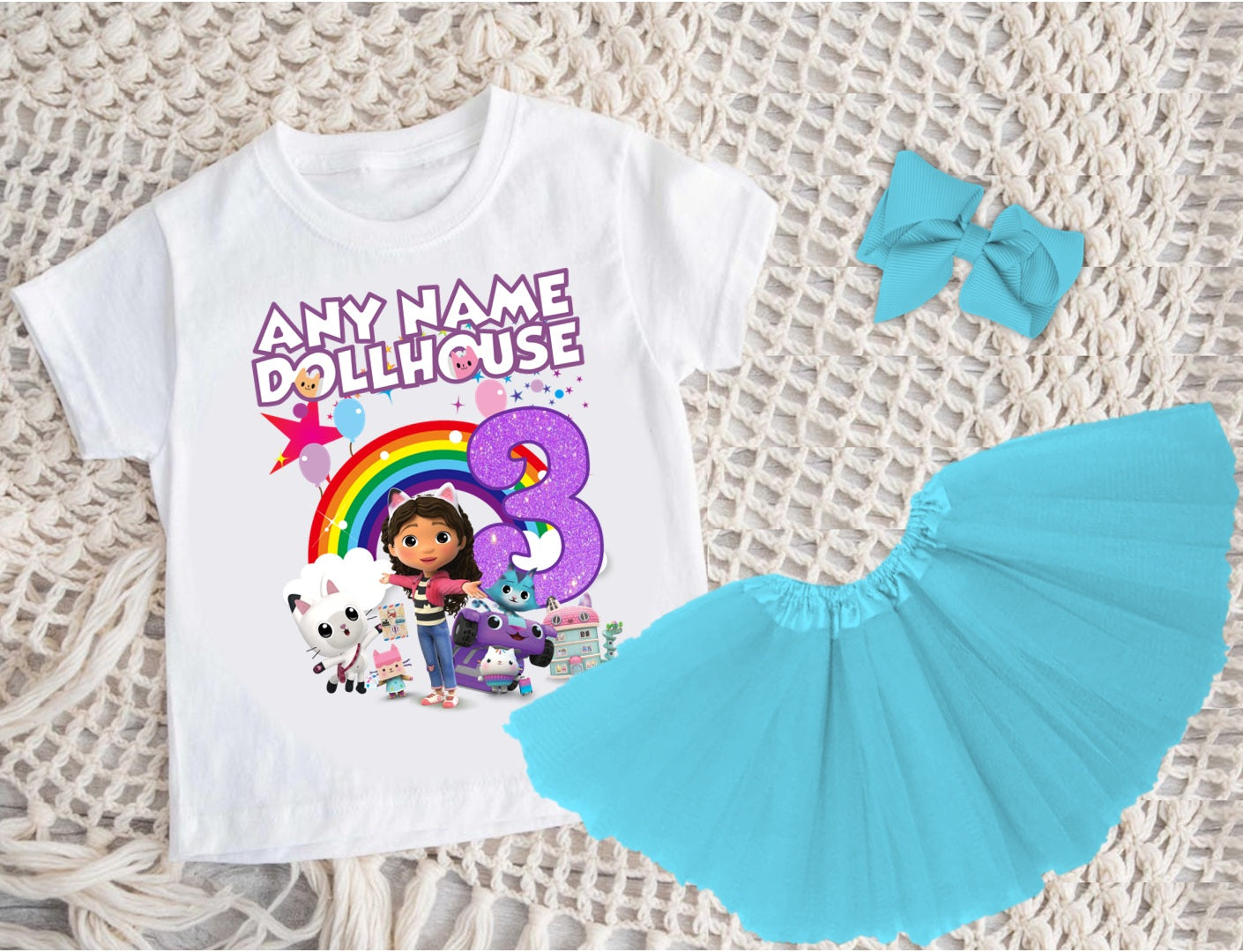 Gabby's Dollhouse Kitties Tutu Set Girls Personalized Custom Blue 3 Layer Tutu Outfit Dress Theme Cake Smash Birthday Party