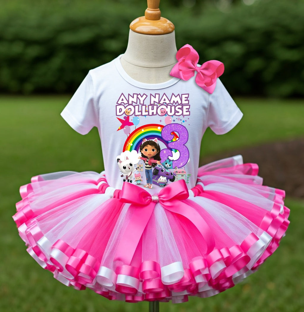 Gabby's Dollhouse Kitties Tutu Set Girls Personalized Custom Hot Pink White Pink Ribbon Sewn Trim Tutu Outfit Dress Theme Cake Smash Birthday Party