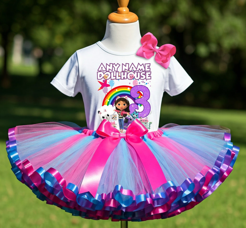 Gabby's Dollhouse Kitties Tutu Set Girls Personalized Custom Hot Pink Blue Purple Ribbon Sewn Trim Tutu Outfit Dress Theme Cake Smash Birthday Party