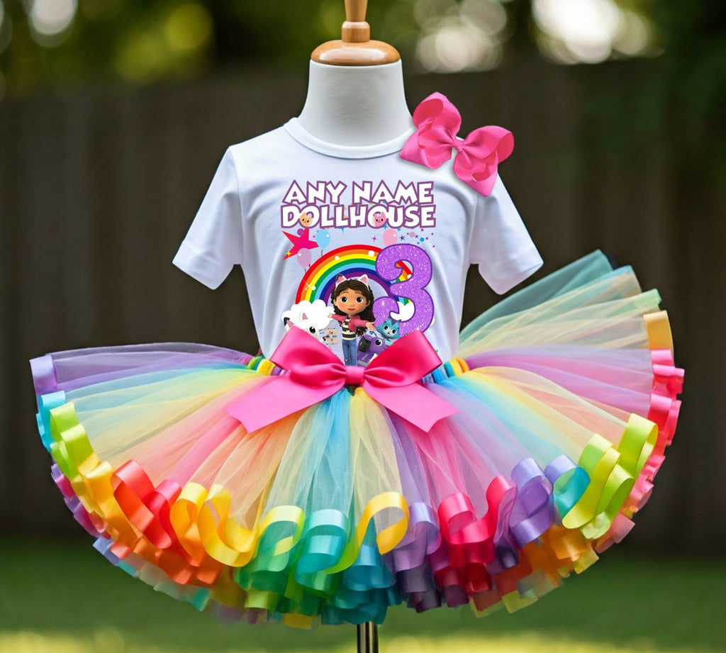 Gabby's Dollhouse Kitties Tutu Set Girls Personalized Custom Rainbow Ribbon Sewn Trim Tutu Outfit Dress Theme Cake Smash Birthday Party