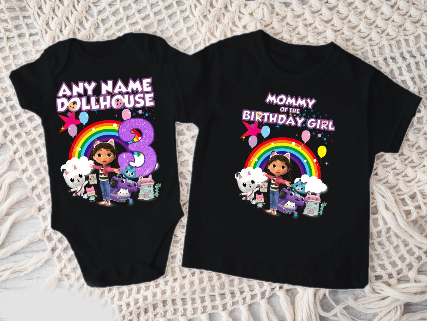 Gabby's Dollhouse Kitties Personalized Custom Black Family T-Shirt or Onesie Pack Theme Cake Smash Birthday Party