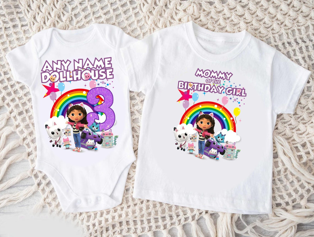 Gabby's Dollhouse Kitties Personalized Custom White Family T-Shirt or Onesie Pack Theme Cake Smash Birthday Party