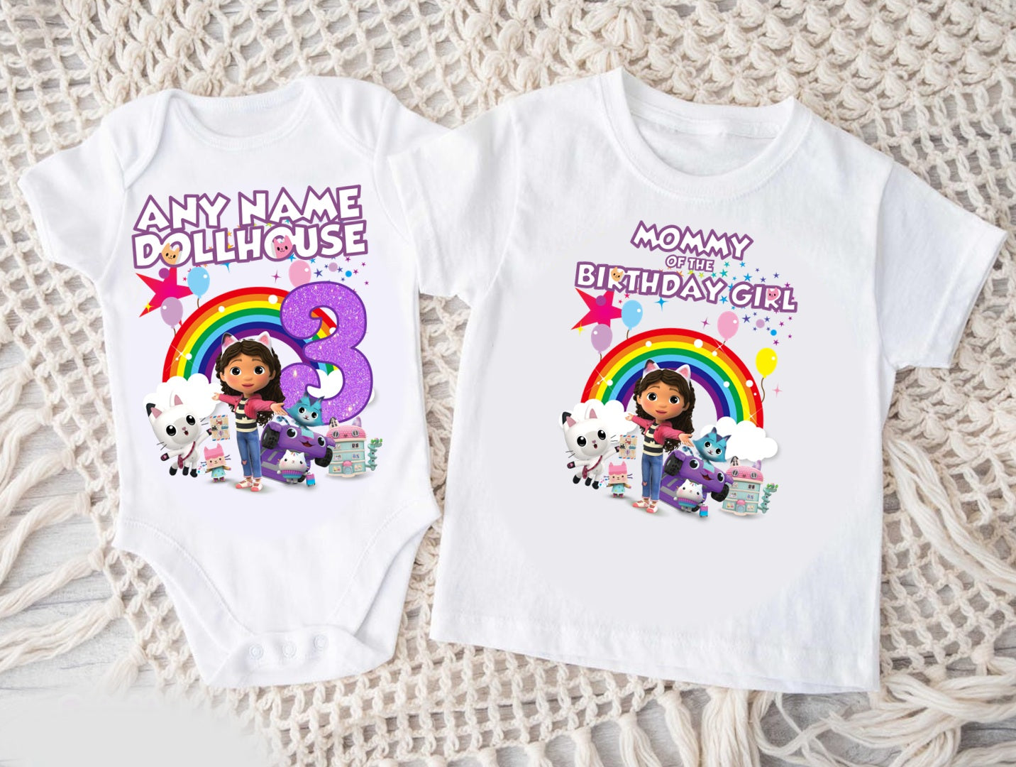 Gabby's Dollhouse Kitties Personalized Custom White Family T-Shirt or Onesie Pack Theme Cake Smash Birthday Party