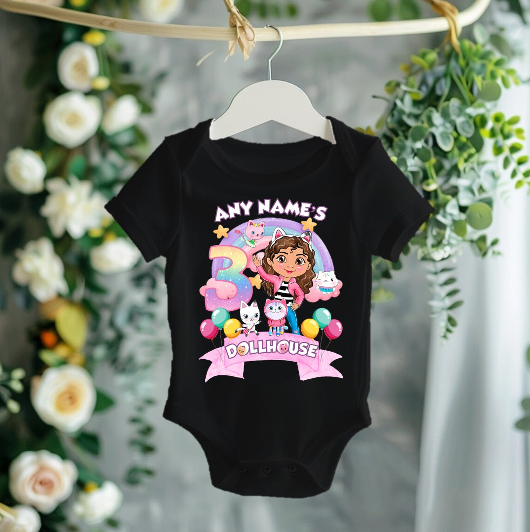 Gabby's Dollhouse Personalized Custom Black T-Shirt or Onesie Theme Cake Smash Birthday Party