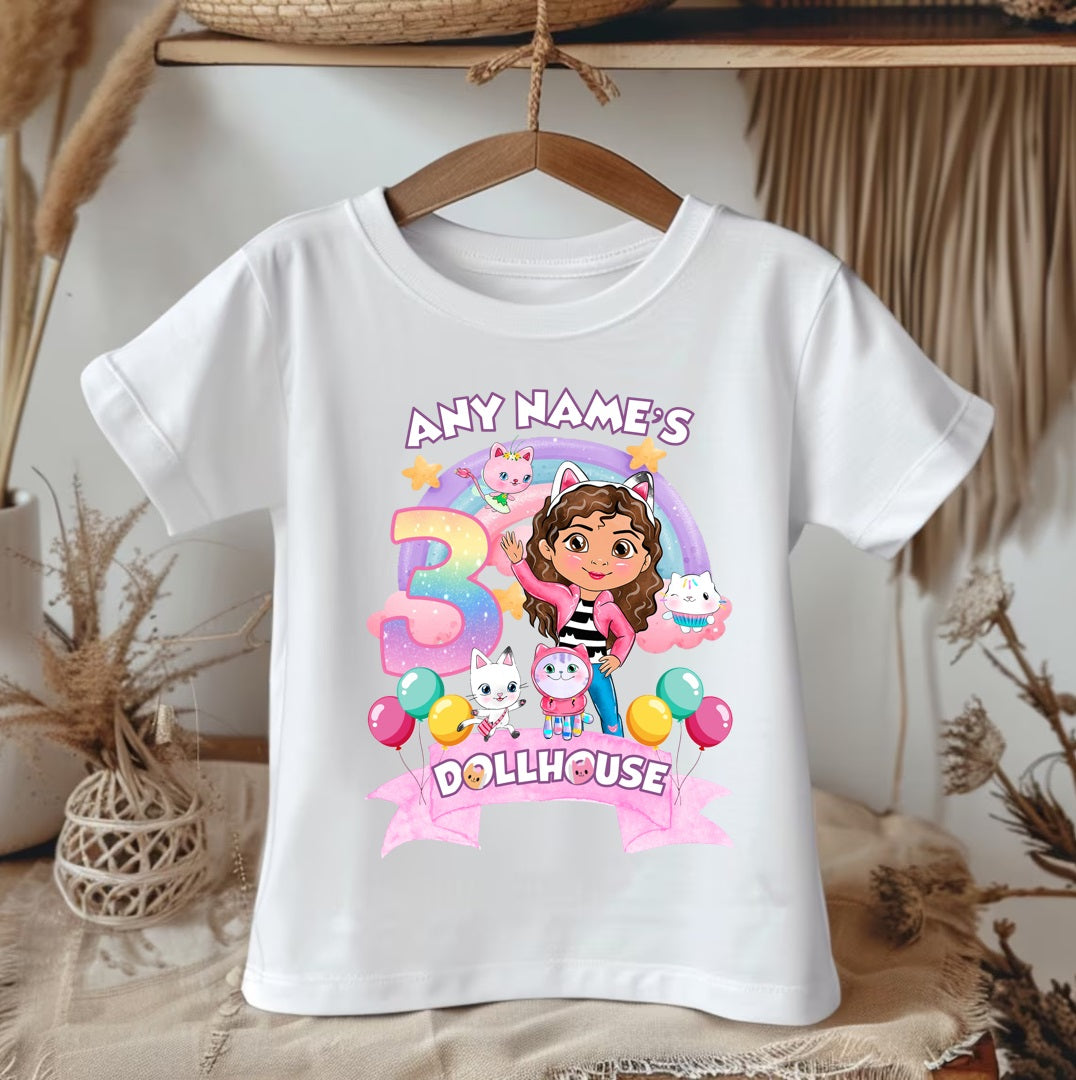 Gabby's Dollhouse Personalized Custom White T-Shirt or Onesie Theme Cake Smash Birthday Party