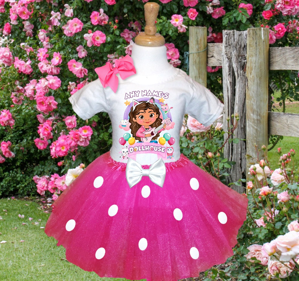 Gabby's Dollhouse Tutu Set Girls Personalized Custom Hot Pink White Polka Dots Tutu Outfit Dress Theme Cake Smash Party