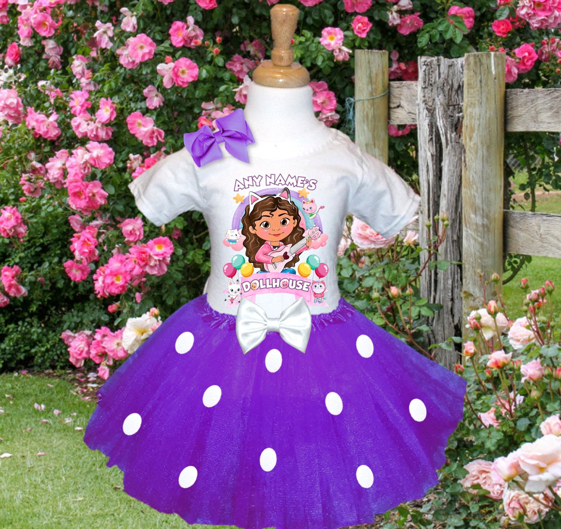 Gabby's Dollhouse Tutu Set Girls Personalized Custom Purple White Polka Dots Tutu Outfit Dress Theme Cake Smash Party