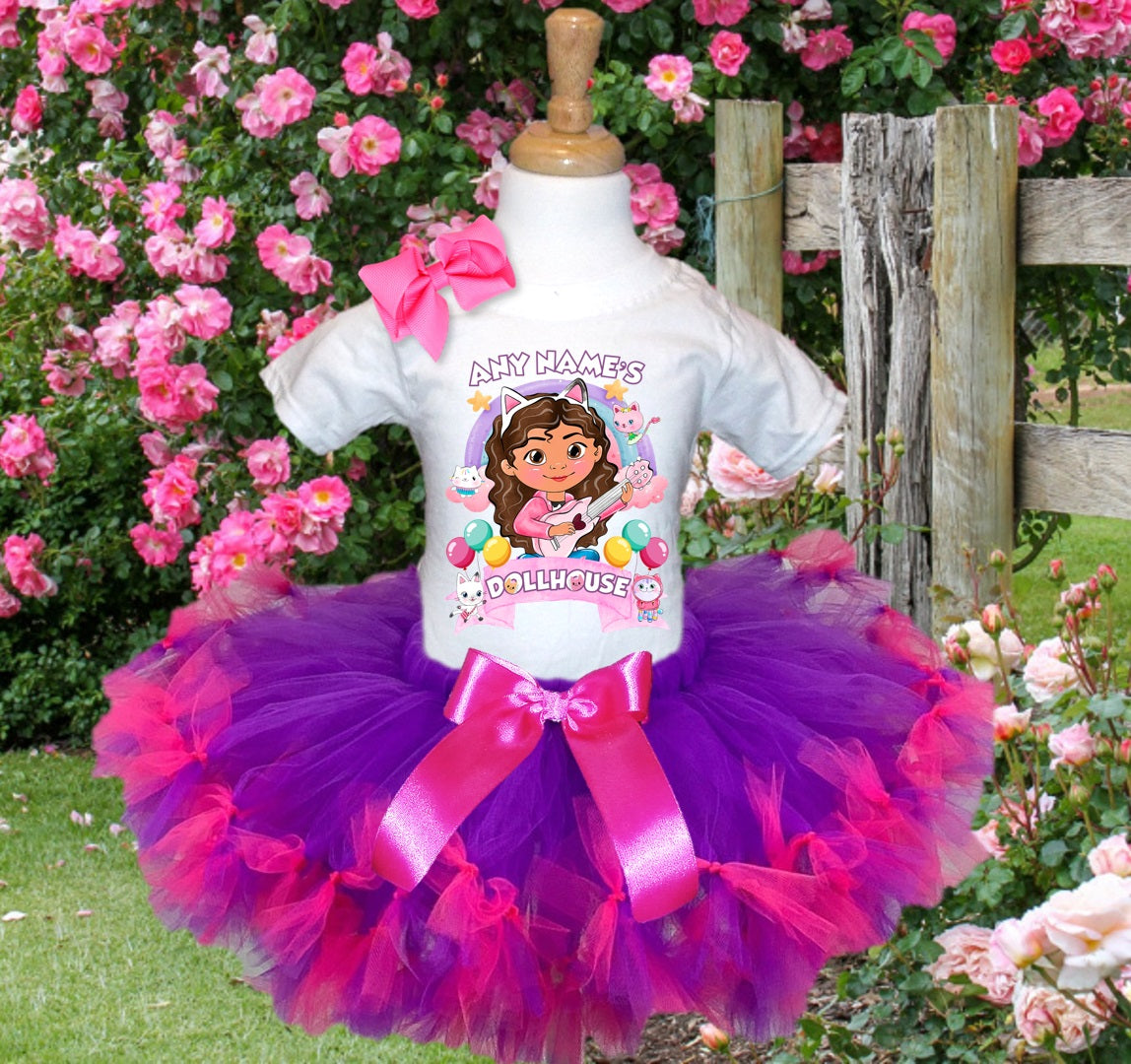 Gabby's Dollhouse Tutu Set Girls Personalized Custom Purple Hot Pink Knots Tutu Outfit Dress Theme Cake Smash Party
