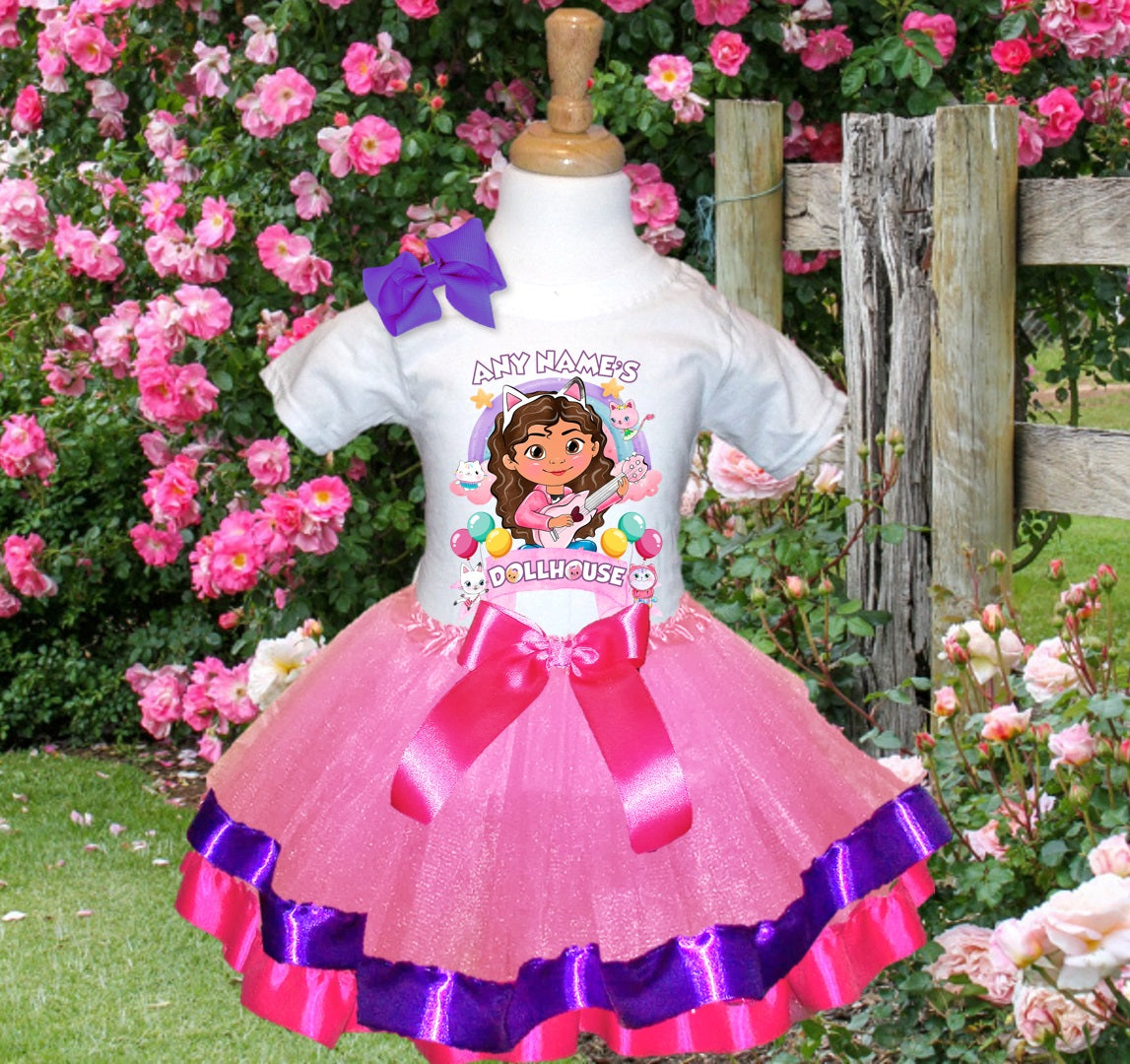 Gabby's Dollhouse Tutu Set Girls Personalized Custom Pink Purple Hot Pink Ribbon Trim Tutu Outfit Dress Theme Cake Smash Party