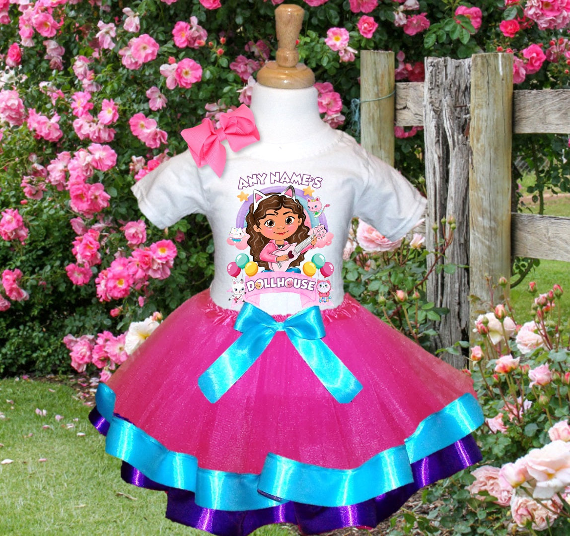 Gabby's Dollhouse Tutu Set Girls Personalized Custom Hot Pink Blue Purple Ribbon Trim Tutu Outfit Dress Theme Cake Smash Party