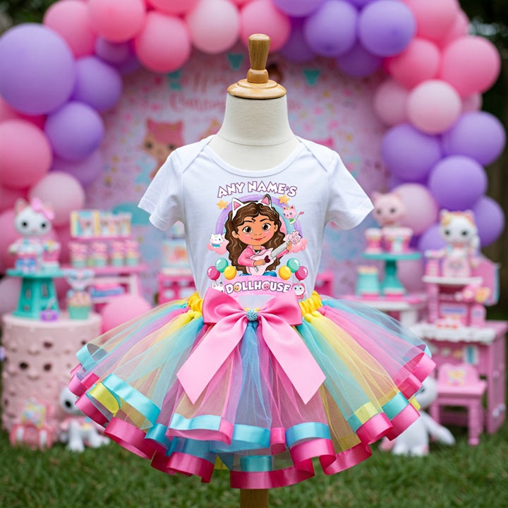 Gabby's Dollhouse Tutu Set Girls Personalized Custom Pink Blue Yellow Ribbon Sewn Trim Tutu Outfit Dress Theme Cake Smash Part