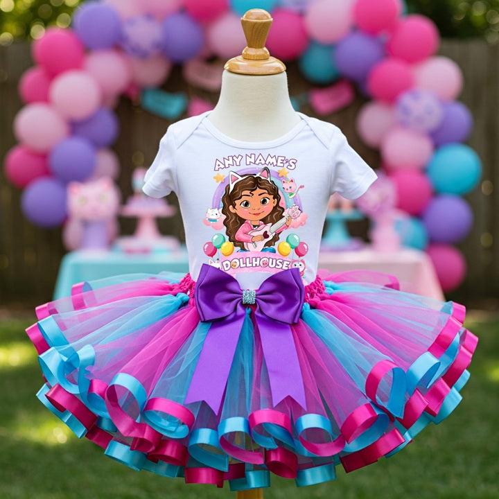 Gabby's Dollhouse Tutu Set Girls Personalized Custom Pink Blue Purple Ribbon Sewn Trim Tutu Outfit Dress Theme Cake Smash Part