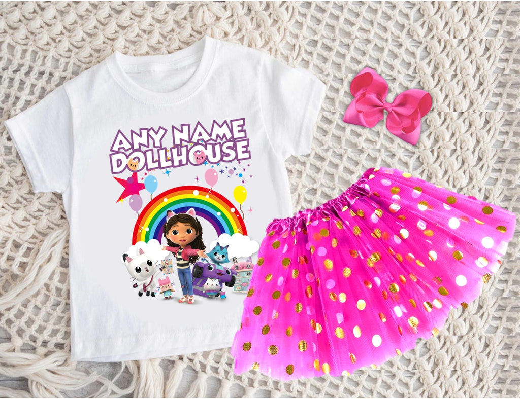 Gabby's Dollhouse Kitties Tutu Set Girls Personalized Custom Hot Pink Gold Polka Dots Tutu Outfit Dress Theme Cake Smash Party