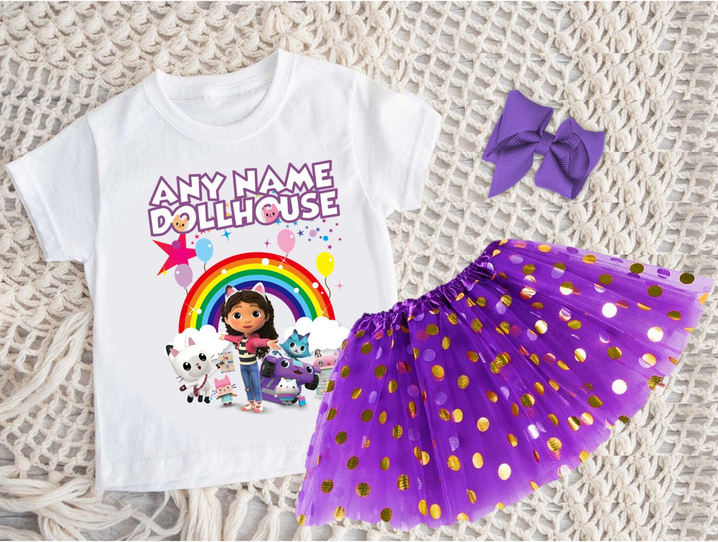 Gabby's Dollhouse Kitties Tutu Set Girls Personalized Custom Purple Gold Polka Dots Tutu Outfit Dress Theme Cake Smash Party