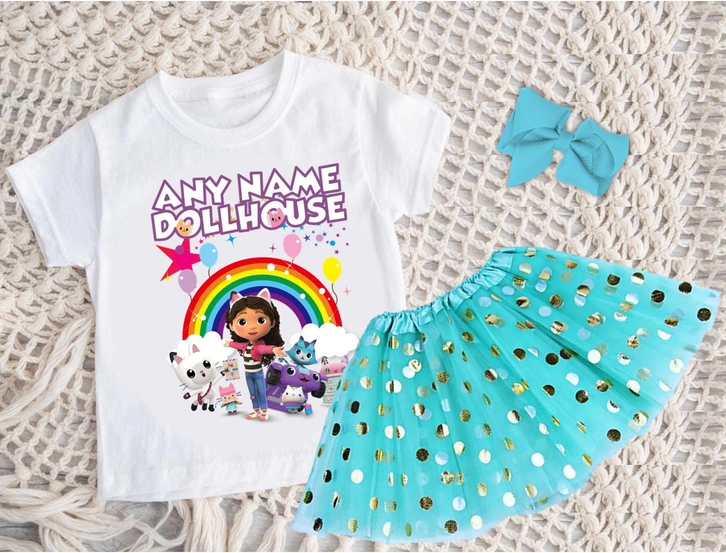 Gabby's Dollhouse Kitties Tutu Set Girls Personalized Custom Aqua Blue Gold Polka Dots Tutu Outfit Dress Theme Cake Smash Party