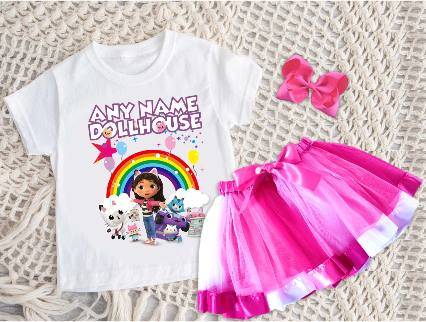 Gabby's Dollhouse Kitties Tutu Set Girls Personalized Custom Hot Pink White Pink Ribbon Tutu Outfit Dress Theme Cake Smash Party