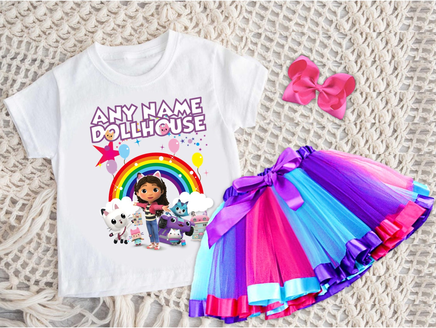 Gabby's Dollhouse Kitties Tutu Set Girls Personalized Custom Hot Pink Blue Purple Ribbon Tutu Outfit Dress Theme Cake Smash Party