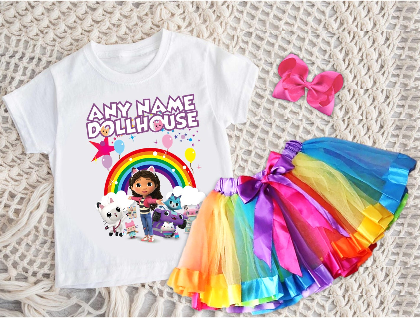 Gabby's Dollhouse Kitties Tutu Set Girls Personalized Custom Rainbow Ribbon Tutu Outfit Dress Theme Cake Smash Party