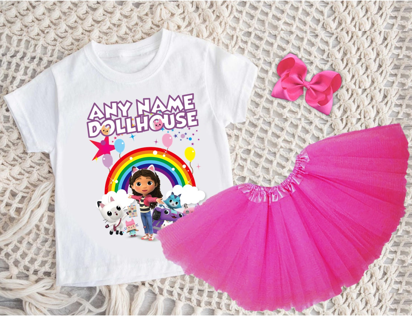 Gabby's Dollhouse Kitties Tutu Set Girls Personalized Custom Hot Pink 3 Layer Tutu Outfit Dress Theme Cake Smash Party