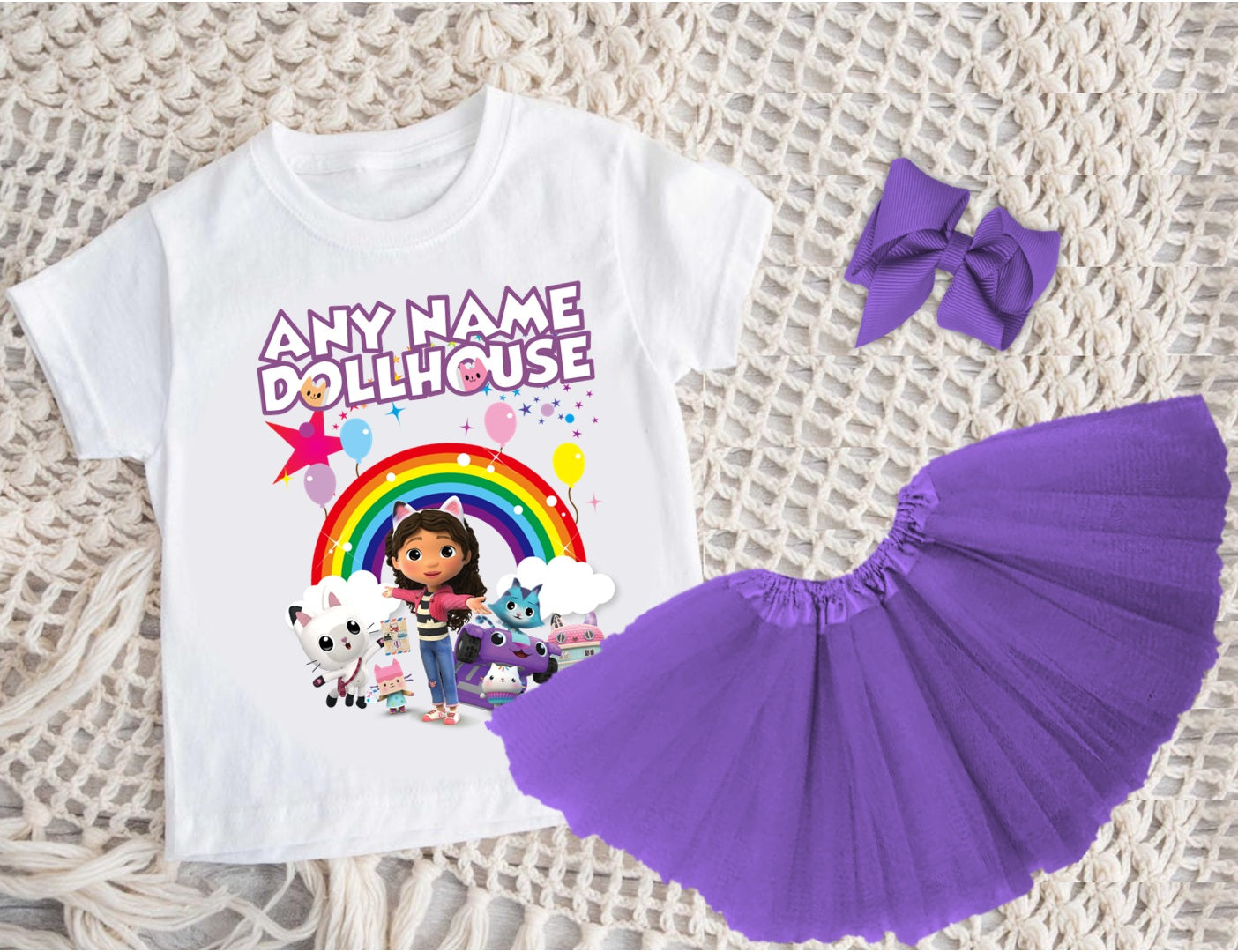 Gabby's Dollhouse Kitties Tutu Set Girls Personalized Custom Purple 3 Layer Tutu Outfit Dress Theme Cake Smash Party