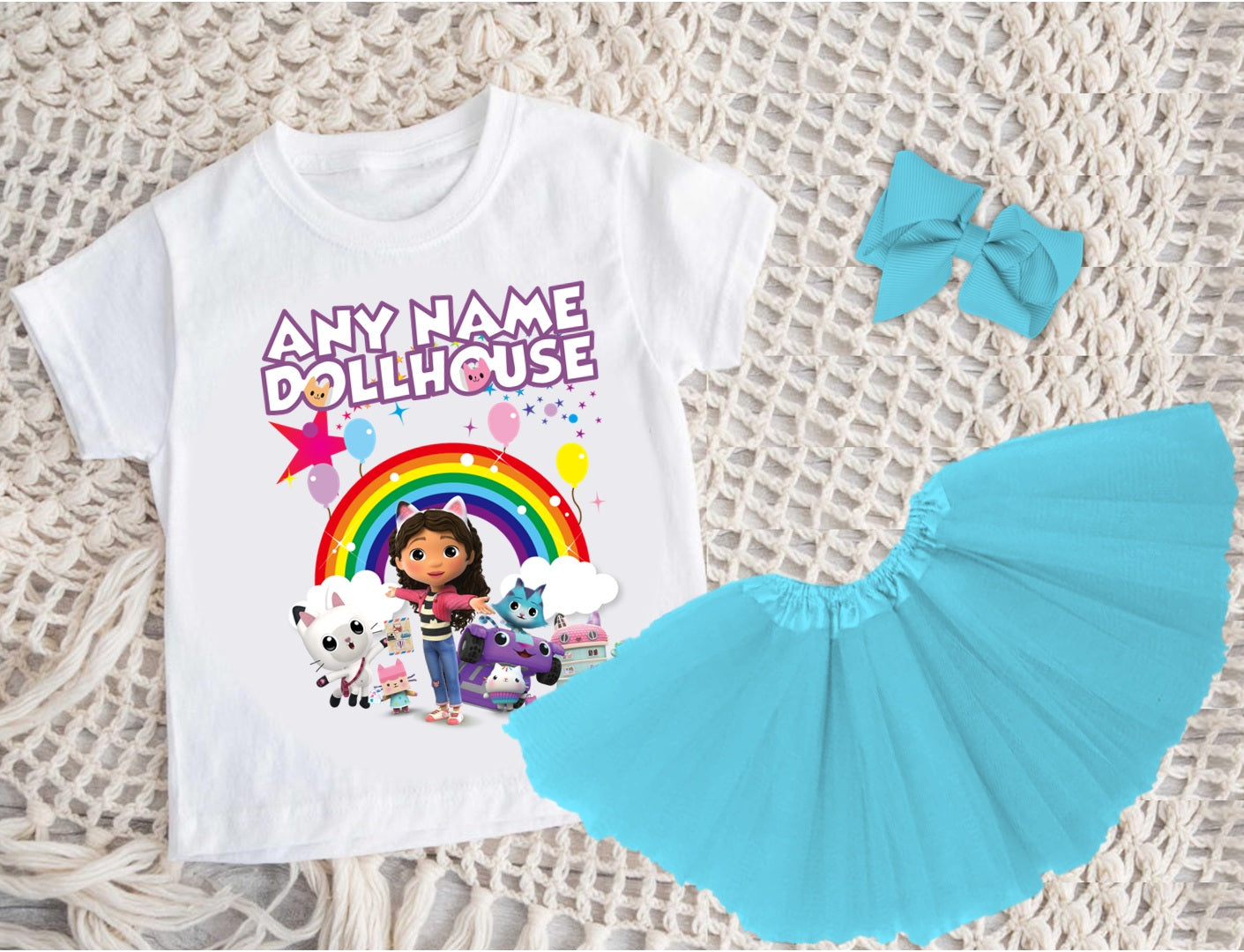Gabby's Dollhouse Kitties Tutu Set Girls Personalized Custom Blue 3 Layer Tutu Outfit Dress Theme Cake Smash Party