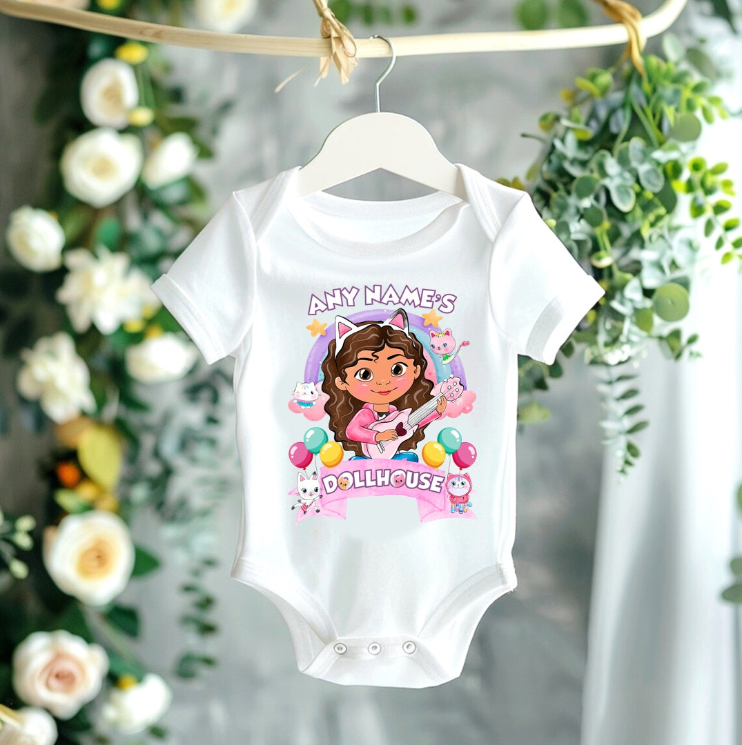 Gabby's Dollhouse Personalized Custom White T-Shirt or Onesie Theme Cake Smash Party