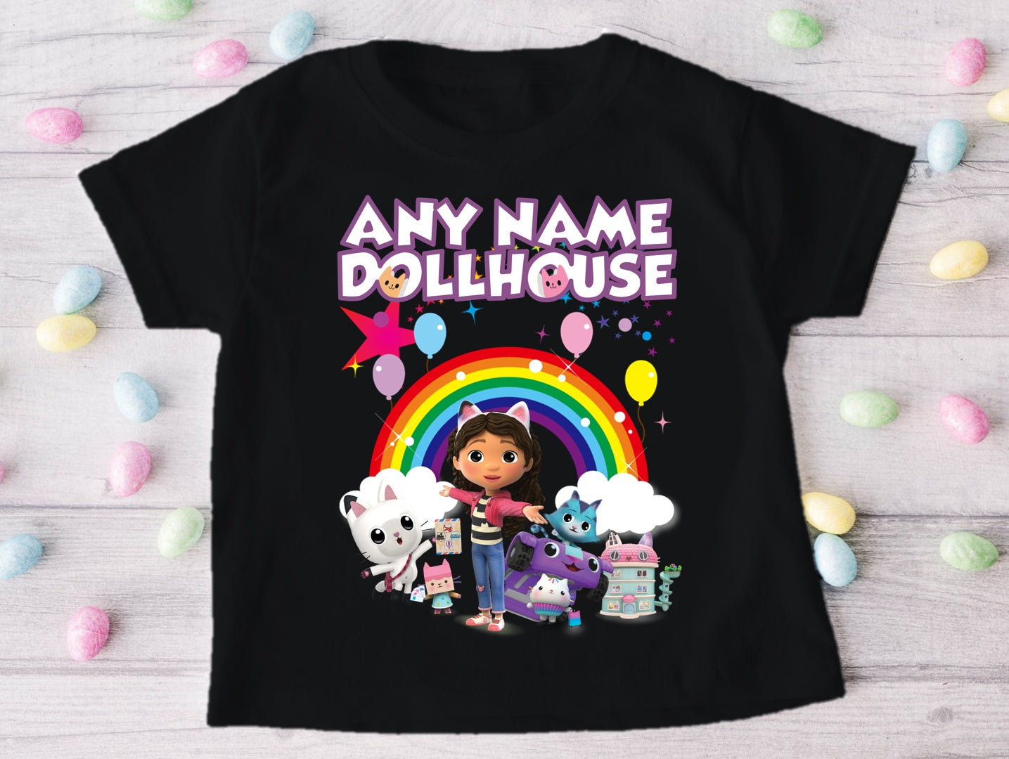Gabby's Dollhouse Kitties Personalized Custom Black T-Shirt or Onesie Theme Cake Smash Party