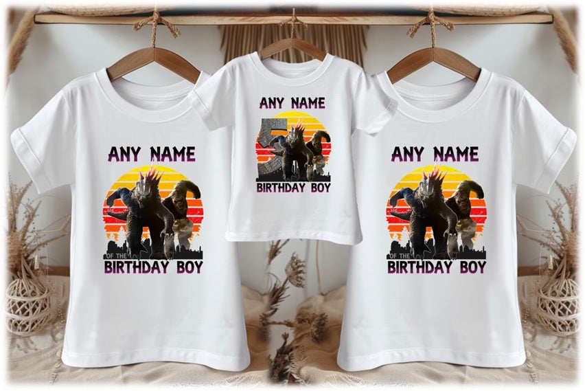Godzilla and Kong Personalized Custom White Family T-Shirt or Onesie Pack Theme Cake Smash Birthday Party