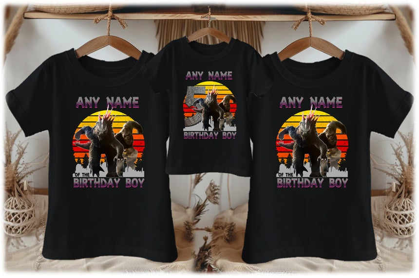 Godzilla and Kong Personalized Custom Black Family T-Shirt or Onesie Pack Theme Cake Smash Birthday Party