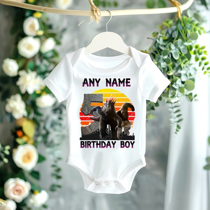 Godzilla and Kong Personalized Custom White T-Shirt or Onesie Theme Cake Smash Birthday Party