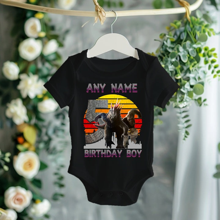 Godzilla and Kong Personalized Custom Black Family T-Shirt or Onesie Pack Theme Cake Smash Birthday Party