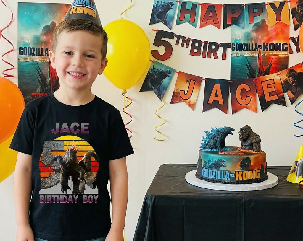 Godzilla and Kong Personalized Custom Black T-Shirt or Onesie Theme Cake Smash Birthday Party