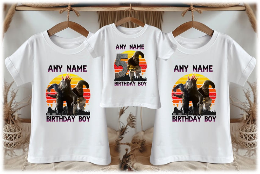 Godzilla Kong Personalized Custom White Family T-Shirt or Onesie Pack Theme Cake Smash Birthday Party