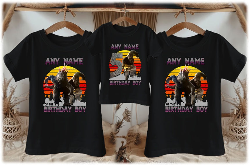 Godzilla Kong Personalized Custom Black Family T-Shirt or Onesie Pack Theme Cake Smash Birthday Party