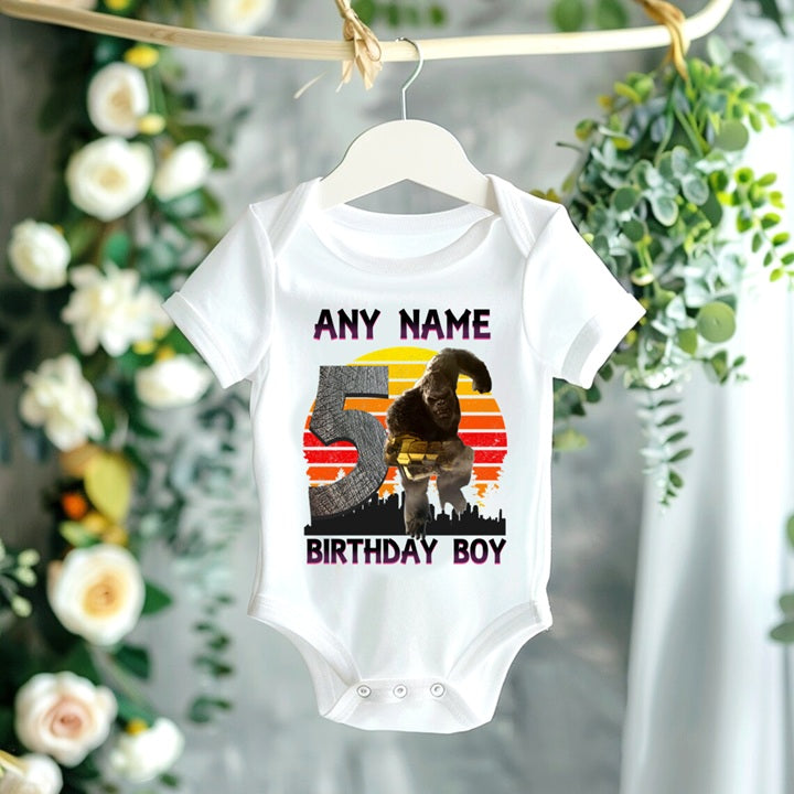 Godzilla Kong Personalized Custom White Family T-Shirt or Onesie Pack Theme Cake Smash Birthday Party