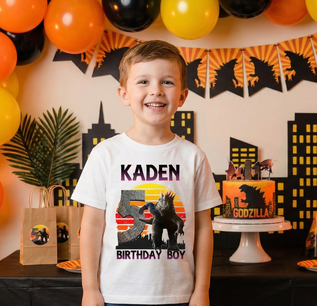 Godzilla Personalized Custom White T-Shirt or Onesie Theme Cake Smash Birthday Party