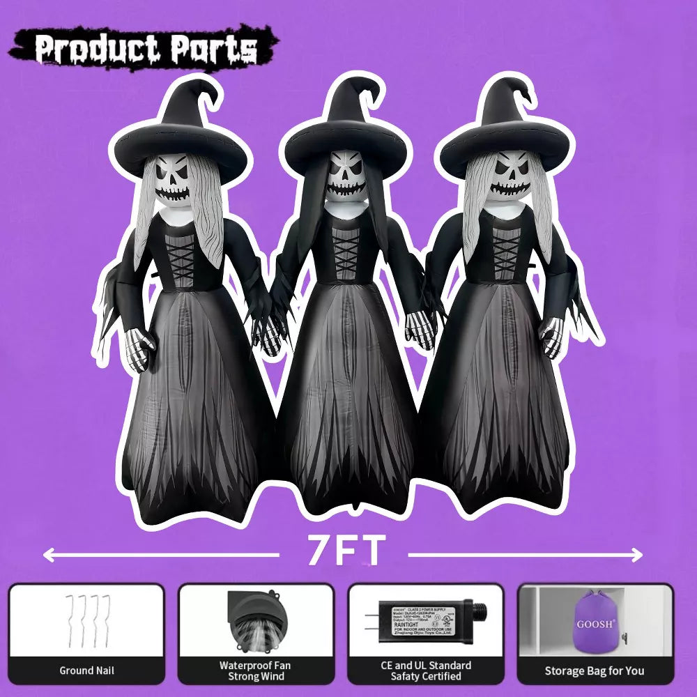 7' Light Up Jack o Lantern Witch Trio Halloween Inflatable Blow Up Home Decor Accent Yard Prop