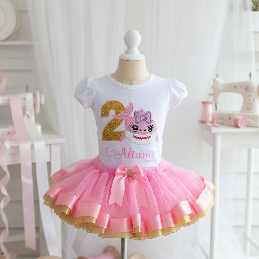 Pink Baby Shark Tutu Set Girls Personalized Custom Pink Gold Ribbon Sewn Trim Tutu Outfit Dress Theme Cake Smash Birthday Party