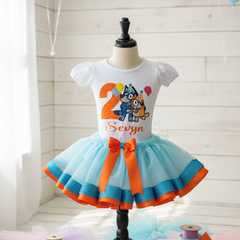 Bluey and Bingo Hugging Tutu Set Girls Personalized Custom Orange Blue Ribbon Sewn Trim Tutu Outfit Dress Theme Cake Smash Birthday Party